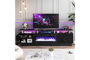Breezestival Fireplace TV Stand with Two Hinged Doors for TVs UP to 80", Modern Electric Fireplace Entertainment Center with LED Lights & Storage Cabinets, TV Stand for Living Room, 70" Black