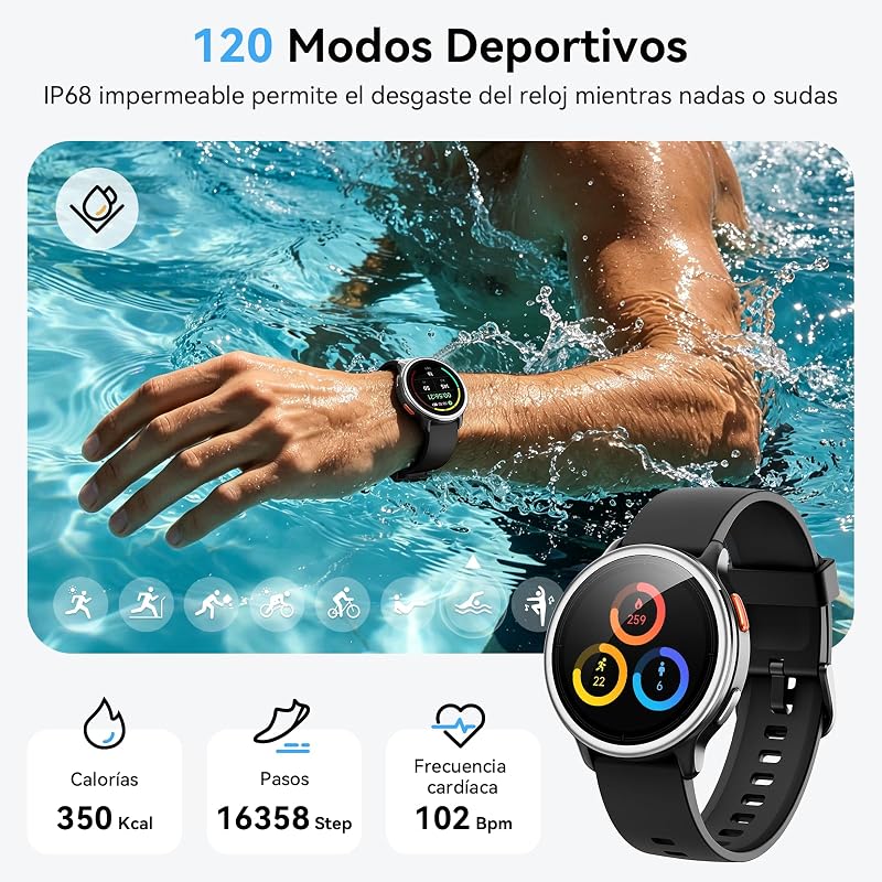 Reloj Inteligente Mujer Hombre,1.27" Smartwatch Mujer Redondo para iPhone/Samsung/Android,2 Correas y 120+ Modos Deportivos,Monitor de Sueño Funciones de Salud y Fitness 3ATM Impermeable,Negro
