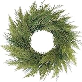 BINFEN 20” Green Faux Norfolk Pine Christmas Winter Wreath – Mixed with Real Touch Fake Cypress, Cedar & Spruce, Xmas Wreaths for Front Door Porch Mantel & Fireplace