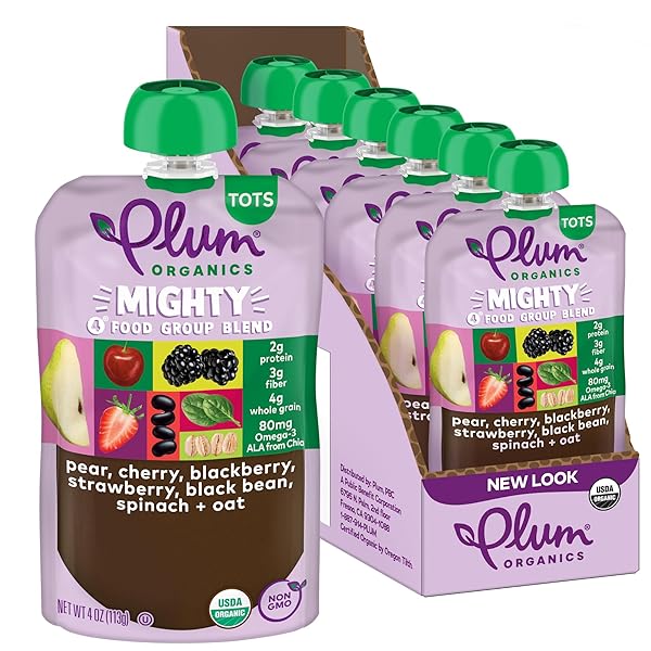 PLUM ORGANICS MIGHTY 4 ORGANIC TODDLER FOOD – PEAR, CHERRY, BLACKBERRY, STRAWBERRY, BLACK BEAN, SPINACH, AND OAT – 4 OZ POUCH (PACK OF 6) – ORGANIC FRUIT AND VEGETABLE TODDLER FOOD POUCH