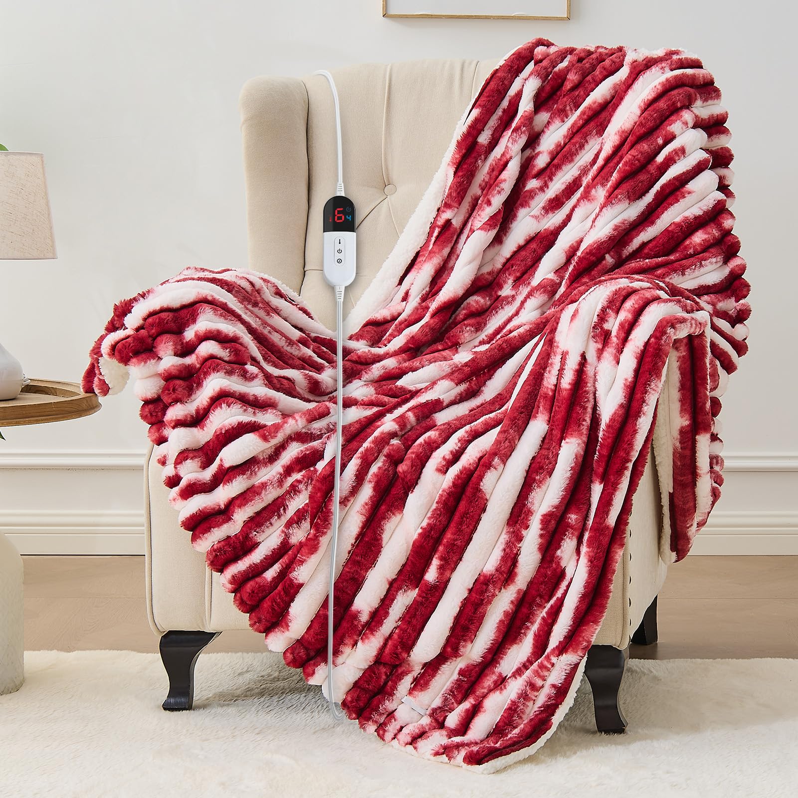 Photo 1 of **NON FUNCTIONAL** POWER CORD DAMAGED** Easthome Heated Blanket Throw - 50"x60" Fast Heating Bed Electric Blankets Throw with 6 Heating Levels & 4 Hours Auto Off, Soft Ribbed Faux Fur Sherpa, Over-Heated Protection ETL, Red