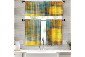 Tayney Teal Gray Yellow Painting Kitchen Curtains Contemporary Beige Window Curtains Valance and Tier Set 36 Inch, Abstract Rod Pocket Short Tier Curtain, Modern Small Curtains for Kitchen Decor