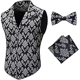 Cenne Des Graoom Mens Suit Vest Paisley Floral Victorian Vests Steampunk Gothic Waistcoat & bow tie Pocket Square