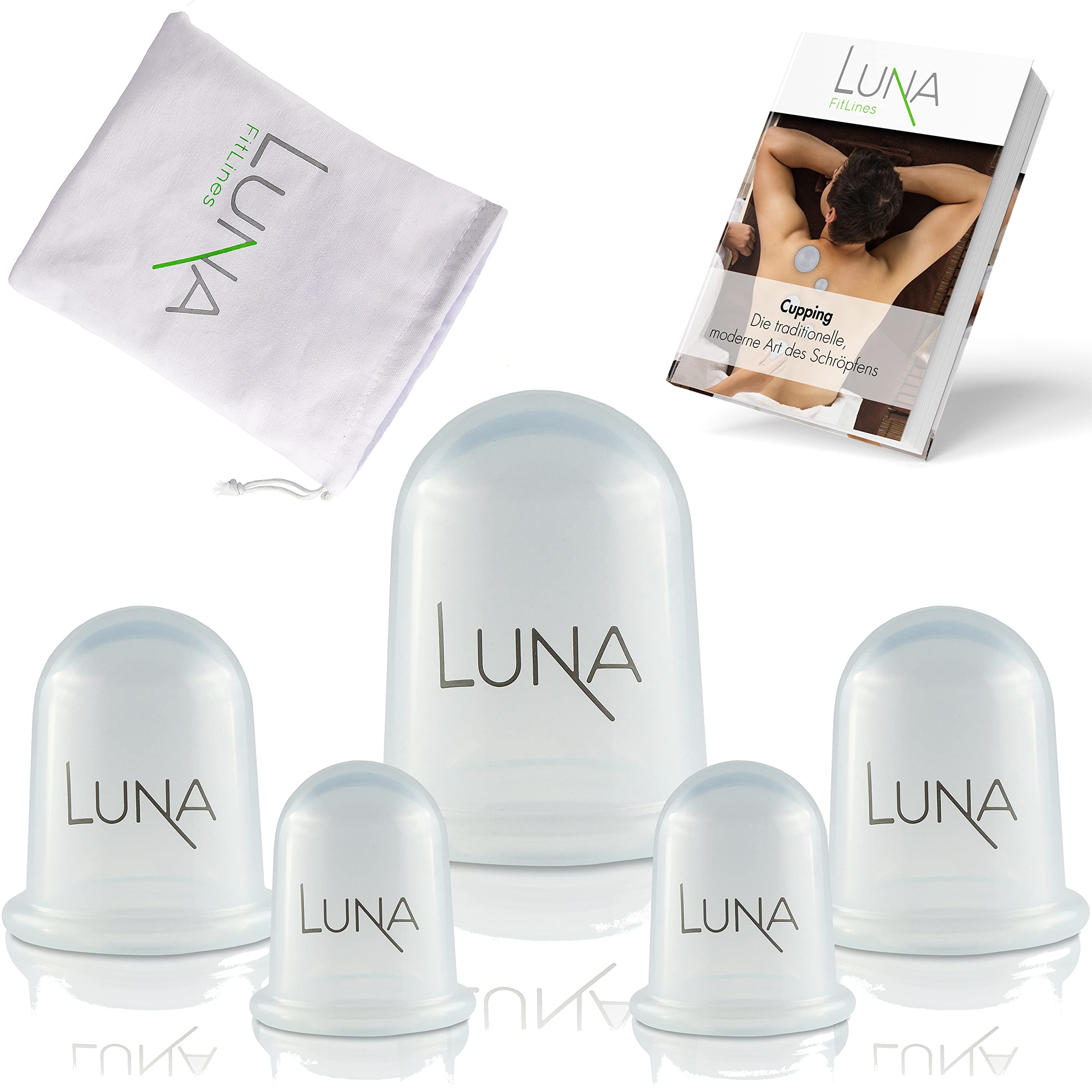 LUNA FitLines - Cupping Therapy Set - 5 Premium Silicone Massage Cups in Different Sizes - Application Book Included - cupping cups to end tension - Anti-Cellulite Cups, cupping set, cupping set