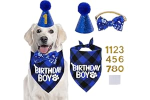 STMK Dog Birthday Party Supplies, Dog Birthday Bandana Boy and Dog Birthday Party Number Hat with Dog Bow Tie Collar for Medium Large Dogs (Blue Style)