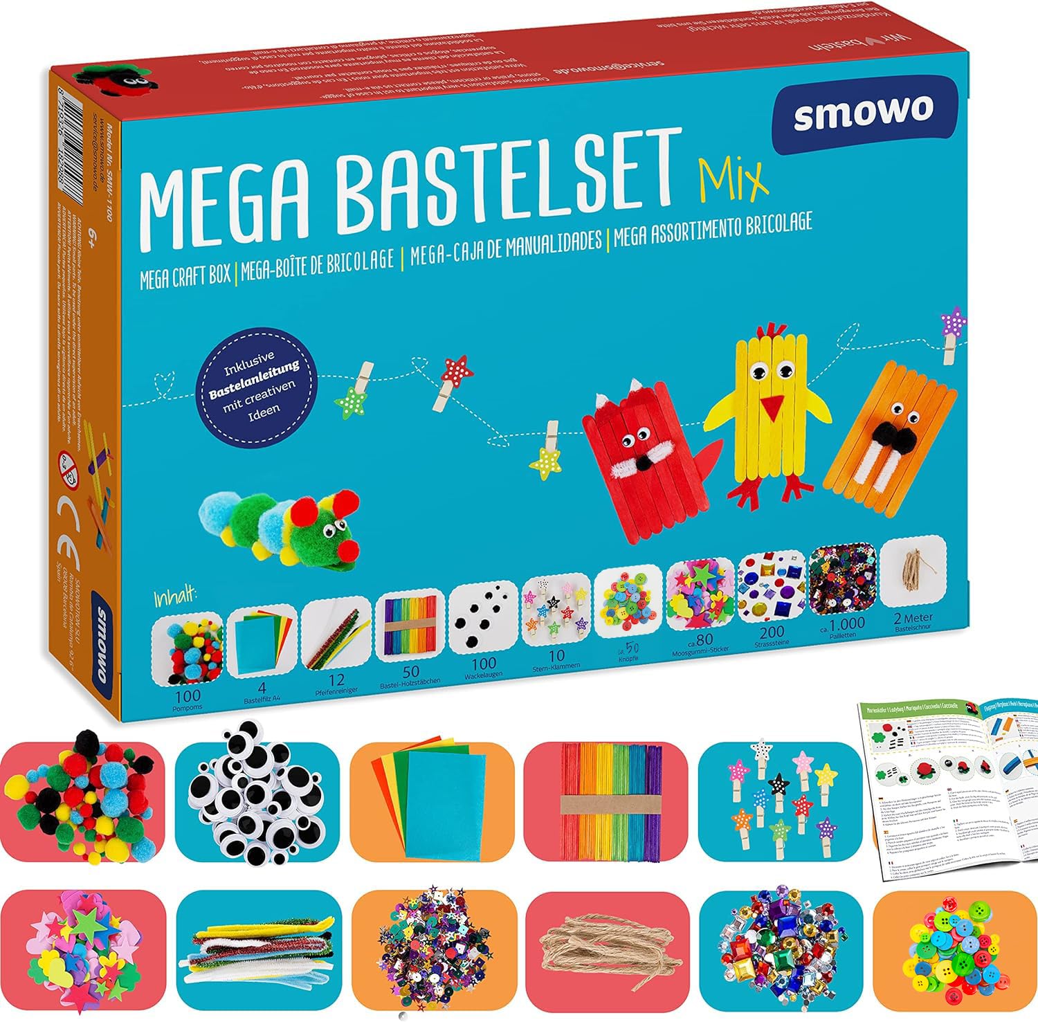 Smowo® Mega Craft Set Starter Set - Craft Box Mix - with Creative Craft Ideas - Colourful Craft Supplies Box for Crafts for Girls and Boys
