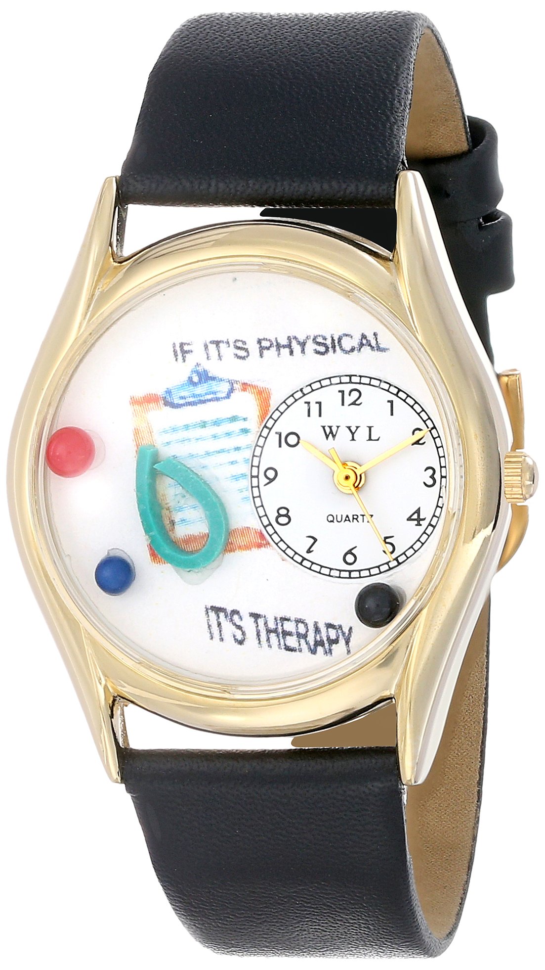 Whimsical Watches Physical Therapist Black Leather and Goldtone Unisex Quartz Watch with White Dial Analogue Display and Multicolour Leather Strap C-0610006