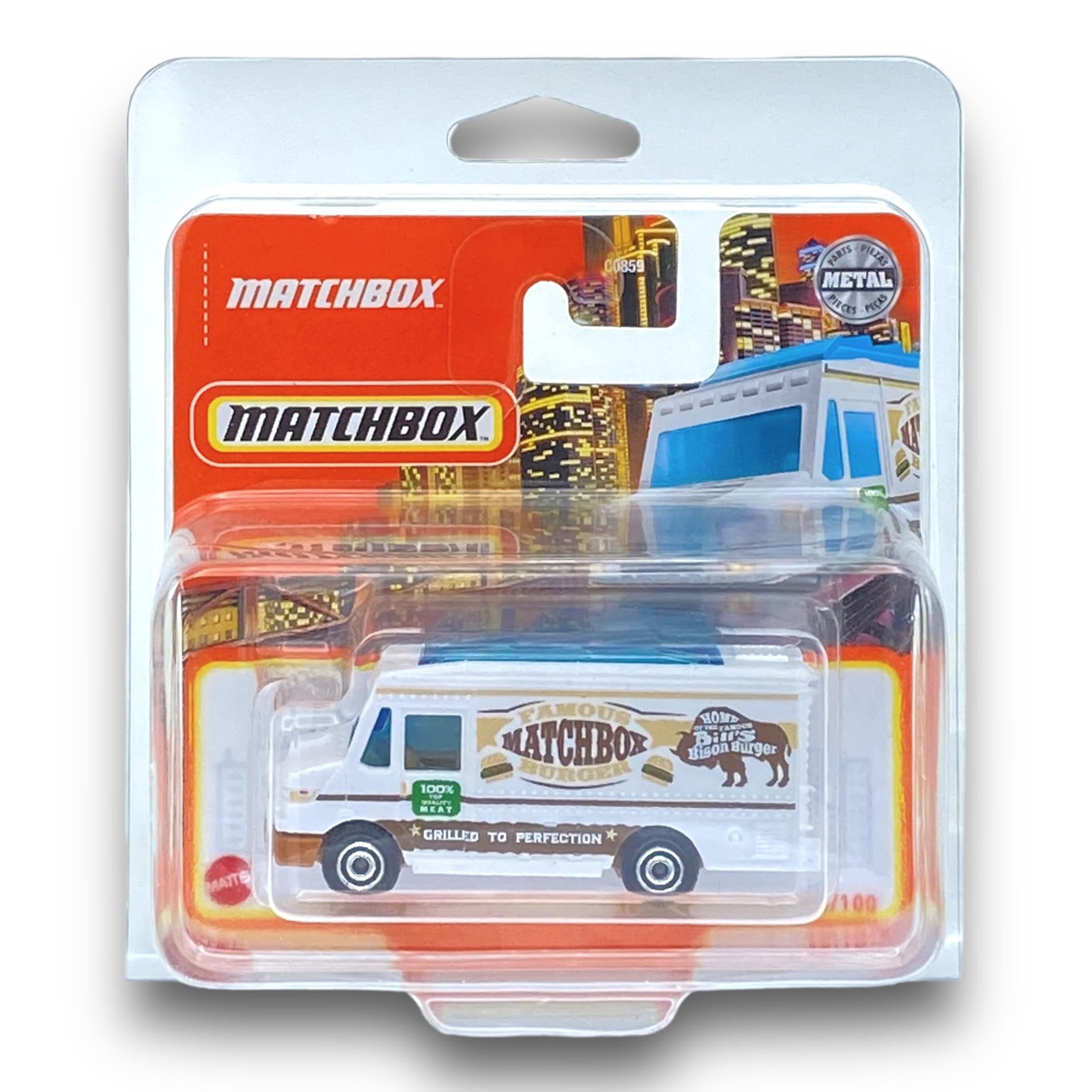 Matchbox Chow Mobile II - Famous Burgers (White & Brown) - MBX 2022-35/100 (Short Card) - COMES IN A KLAS CAR KEEPER SHORT CARD PROTECTOR CASE - HFR69