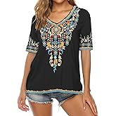 Grosy Plus Size Mexican Embroidered Peasant Blouse, Loose Fit Bohemian Short Sleeve Top for Women, Summer Vacation T-Shirt
