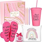 Skylety 7 Pcs Teacher Appreciation Gifts Thank You Teacher Gifts for Women 16OZ Plastic Tumbler with Lid Socks Makeup Bag Box Pens for Retirement Birthday Christmas Back to School(Hot Pink)