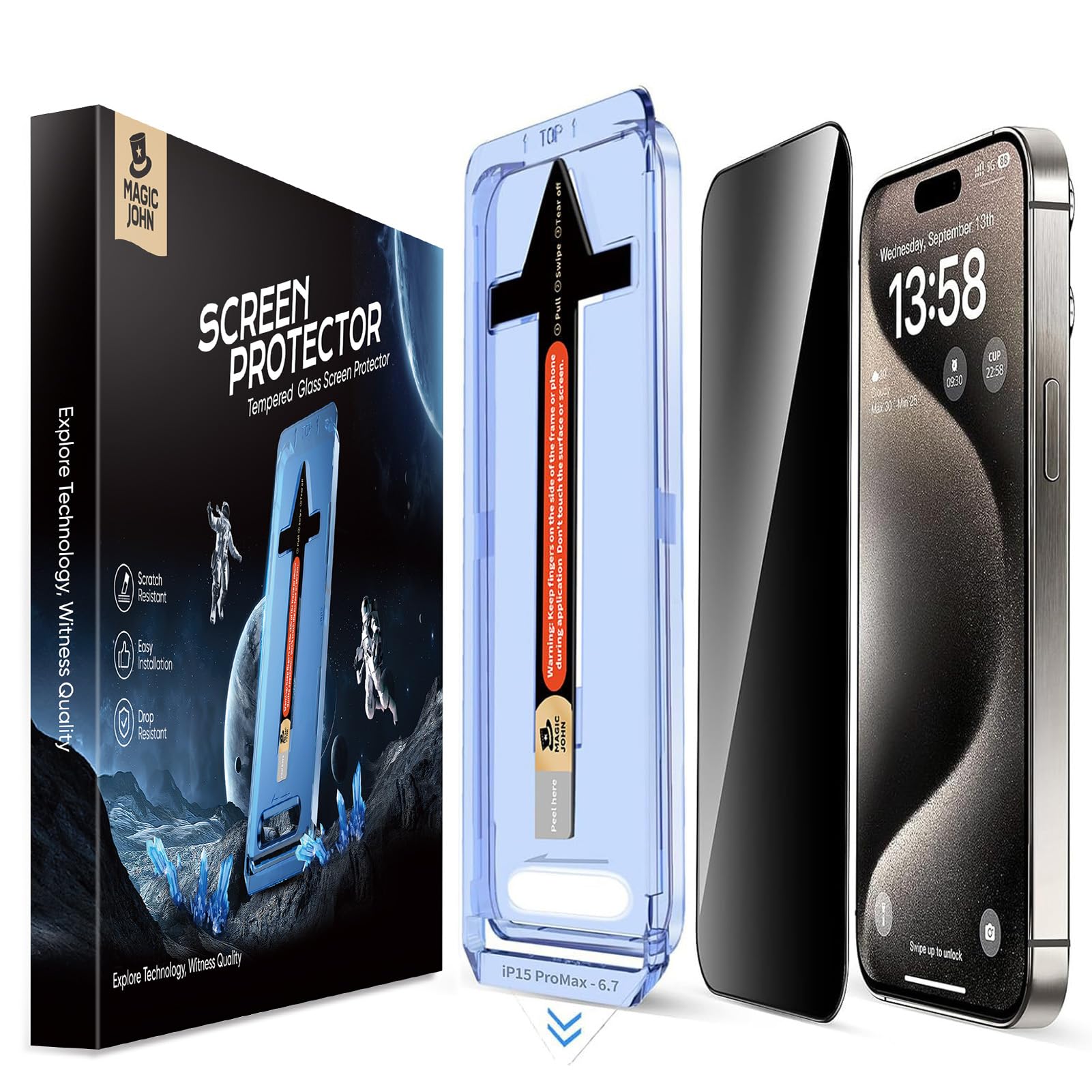 MAGIC JOHN 2 Pack for iPhone 15 Pro Max 6.7 inch Privacy Glass Screen Protector, Auto Dust-Elimination Installation, Bubble Free, Easy Installation, Case Friendly