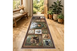 Rustic Lodge Rug for Hallway 3x8 Forest Wildlife Collage Runner Rug, Bear and Deer Rugs Non-Slip Washable Runner for Cabin, F