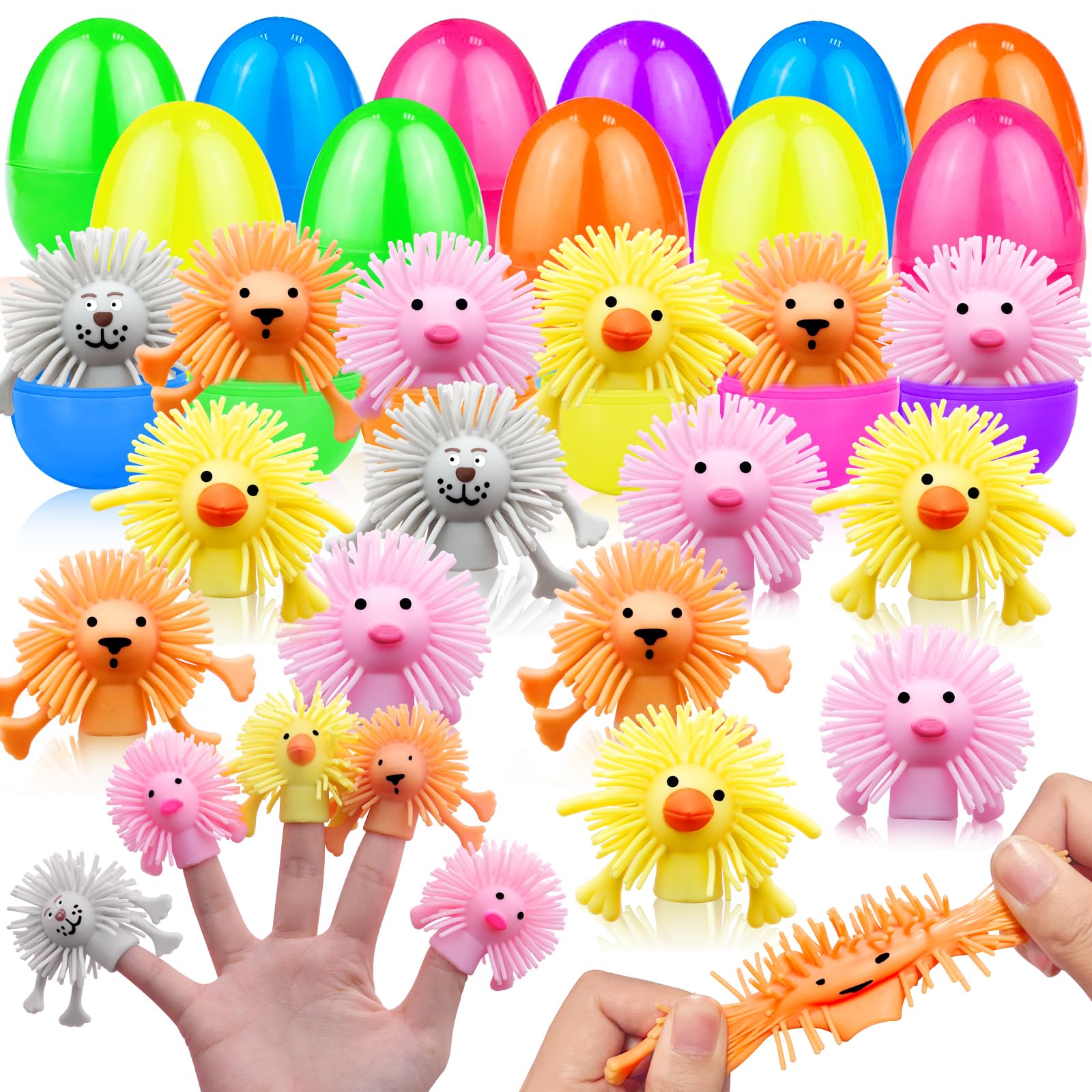 Photo 1 of 24 Pack Easter Eggs Filler Prefilled Animals Puffer Finger Puppets for Kids Toddler Easter Basket Stuffer Essential, Stretchy Stress Relief Fidget Toys Easter Eggs Hunt for Girls Boys Gift Party Favor