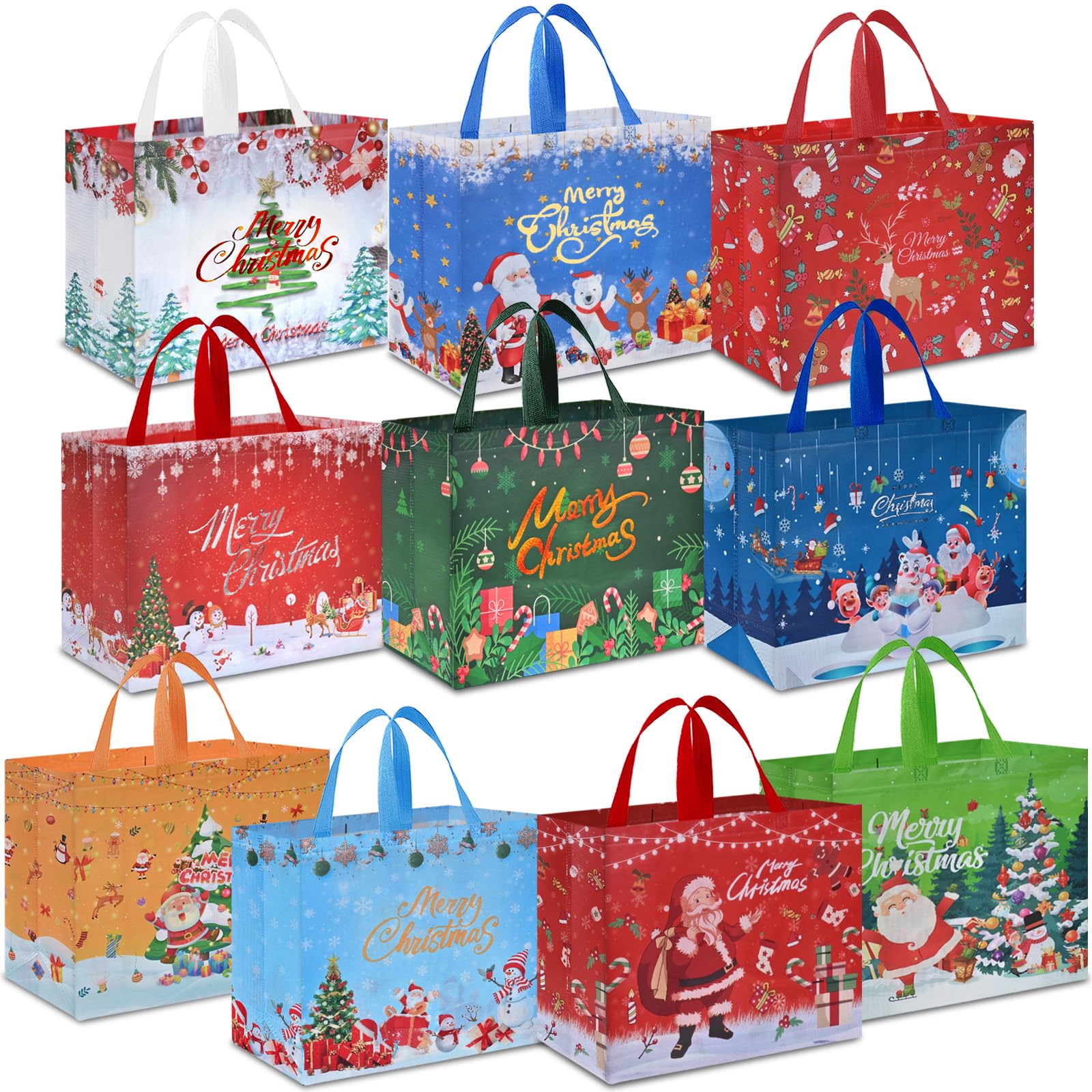 AhfuLife Extra Large Christmas Bags for Gift, 10PCS Reusable Christmas Tote Bags with Handles, Multipack Xmas Gift Bags Non-woven Christmas Treat Shopping Bags Xmas Party Favor, 40 x 36 x 15cm