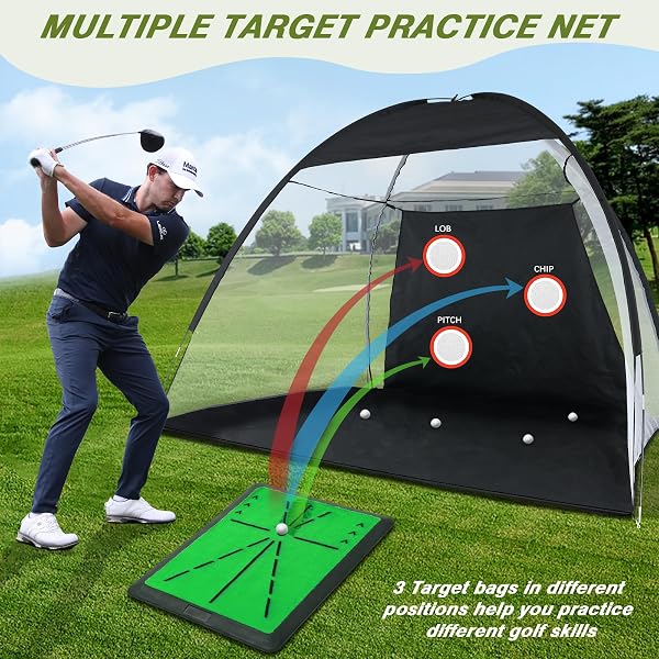 GOLF NET, 10X7FT GOLF PRACTICE NET WITH SWING MAT, GOLF HITTING NET FOR BACKYARD DRIVING, INDOOR/OUTDOOR TRAINING CHIPPING AID NETS WITH TARGETS, GIFTS FOR MEN/DAD/HIM