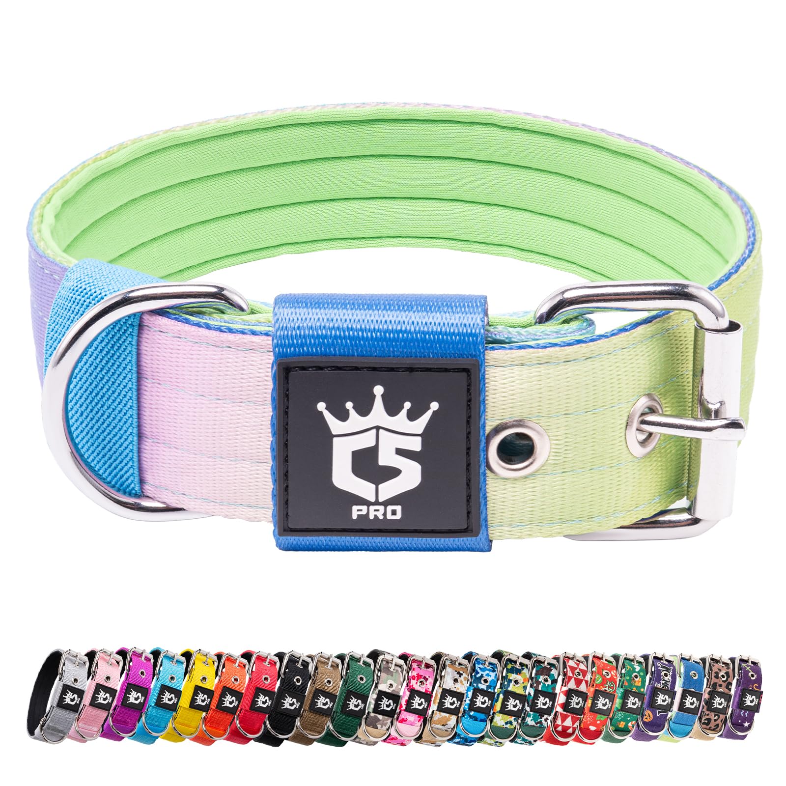 TSPRO Heavy Duty Tactical Dog Collar 1.5" Wide, Padded Dog Collar with Metal Buckle, Adjustable for Walking Training Outdoor for Medium Large Dogs (Lucky Rainbow, M) — image 1