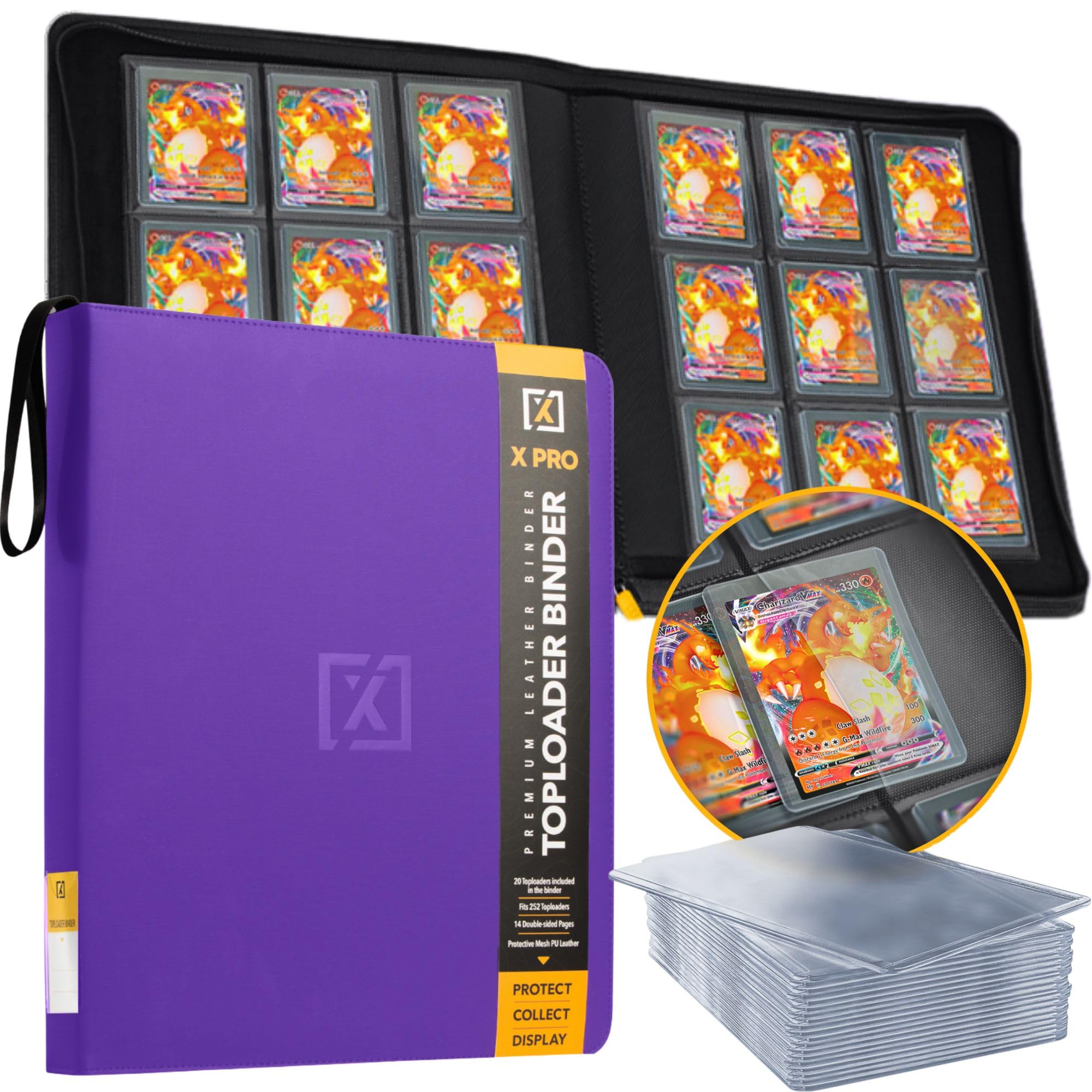 Photo 1 of X PRO Toploader Binder | Holds 252 Toploaders | 20 Toploaders INCLUDED | 9-Pocket Top Loader Binder | Ringless Double-Sided Pockets | Top loader Binders for TCG, Sports | Premium Top Loader Storage