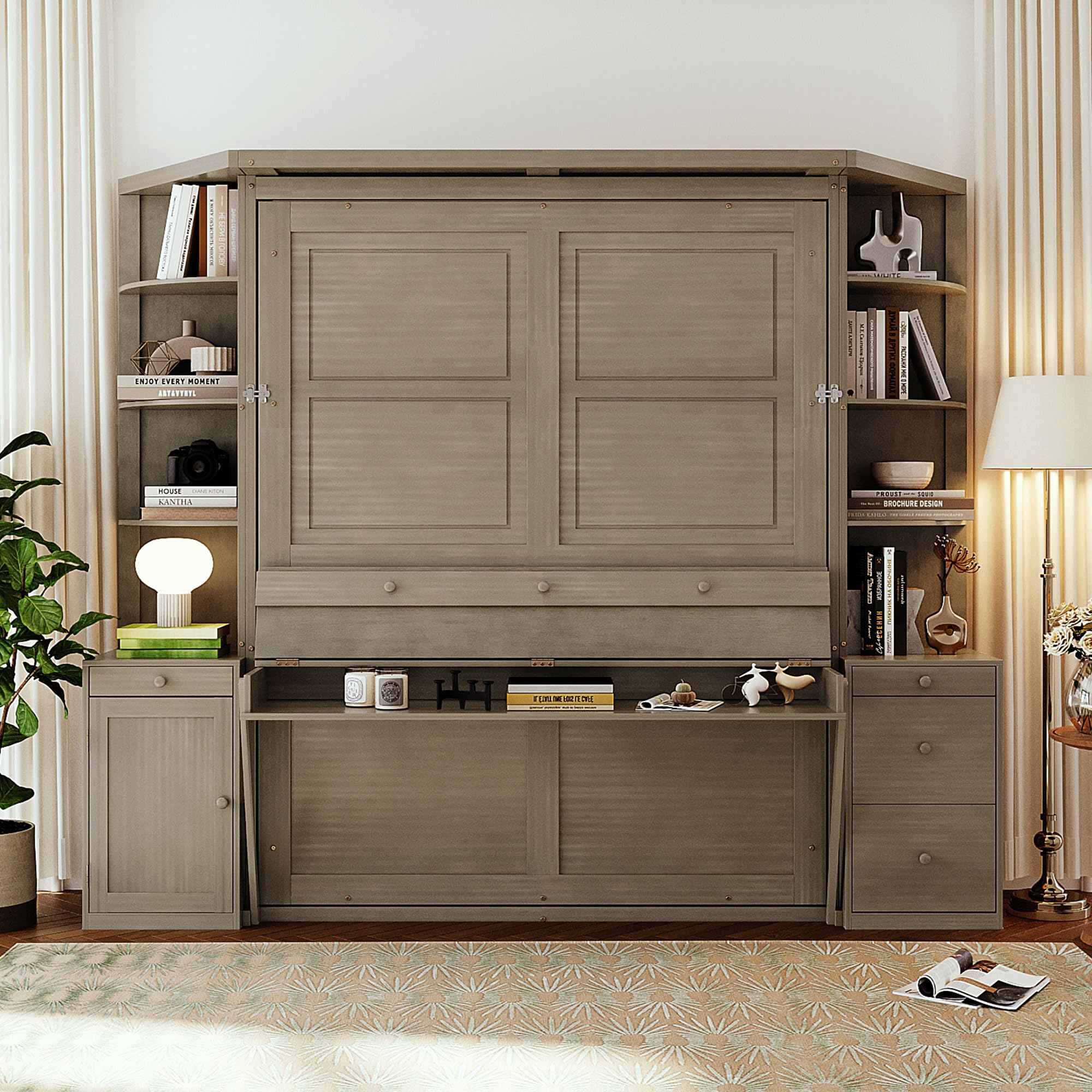 Photo 1 of ****** MISSING PIECES*** DAMAGED ***FINAL SALE ** NO RETURNS **** Bekeknlny Modern Queen Murphy Bed with Desk, Storage Shelves and Cabinets, Hidden Wall Bed for Space-Saving Home Office (Gray/H10)