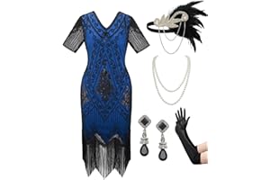 SWEETV Women's Flapper Dresses 1920s Fringed Sequin Great Gatsby Dress with 20s Accessories -Roaring 20s Costumes
