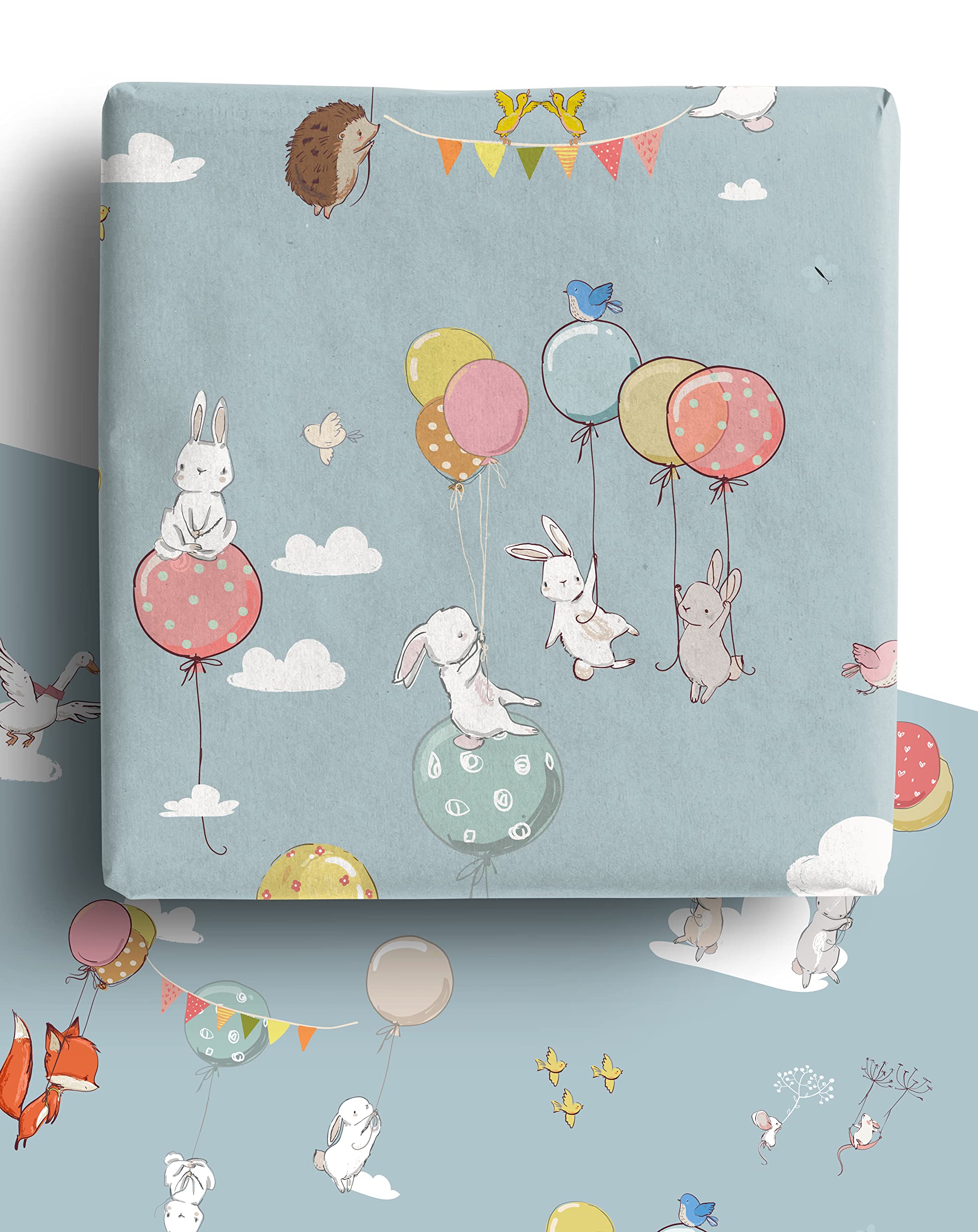 4 x Bunnies and Balloons Wrapping Paper Sheets 70cm x 50cm - Premium Recyclable Animal Gift Wrap for New Baby, Easter and more