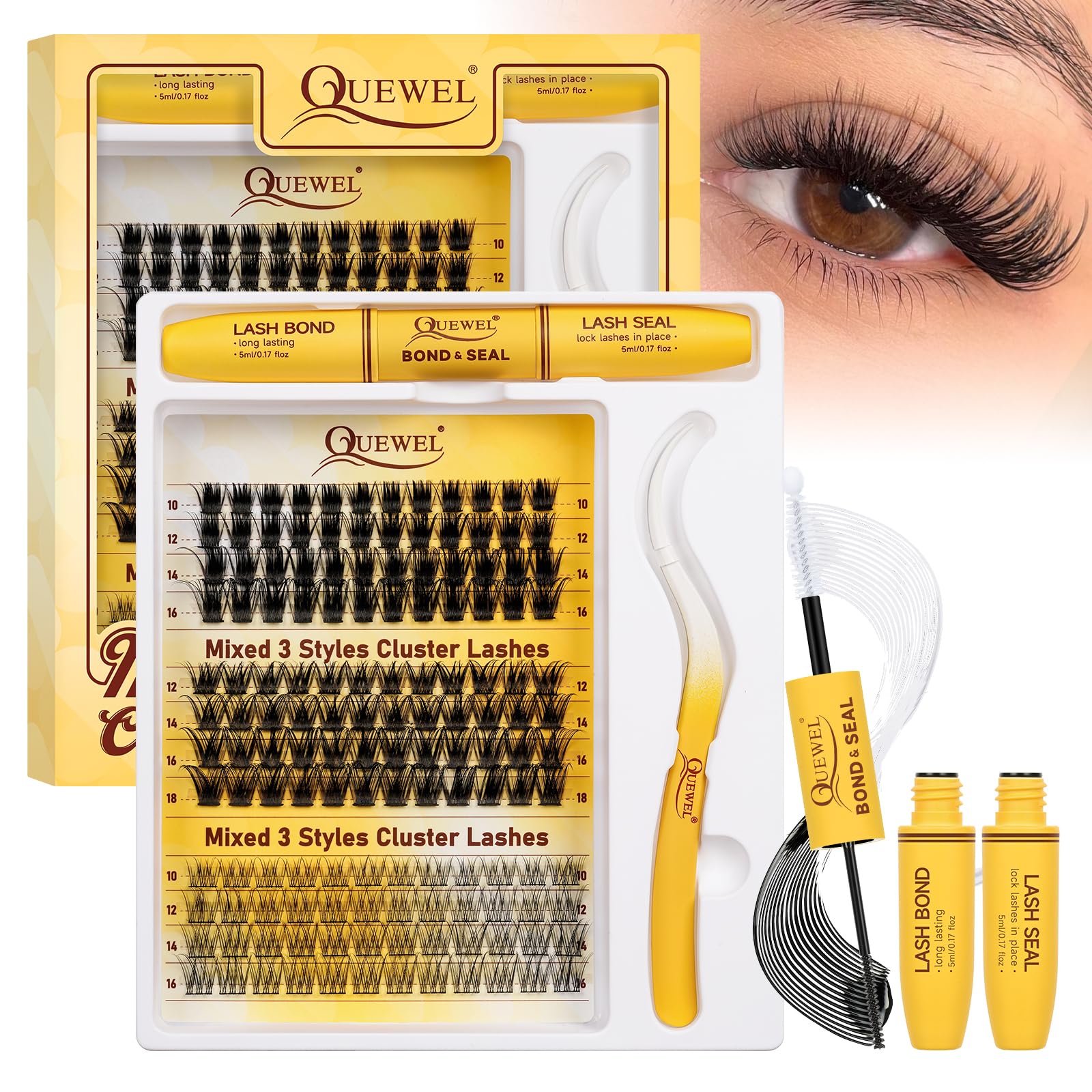 QUEWEL Lash-Cluster Kit 144Pcs D Curl Mixed 3 Styles Eyelashes-Individual Natural Look, Super Thin Band Cluster Lashes Kit for Beginner Easy to Apply at Home（Collection-style B-kit） — image 1