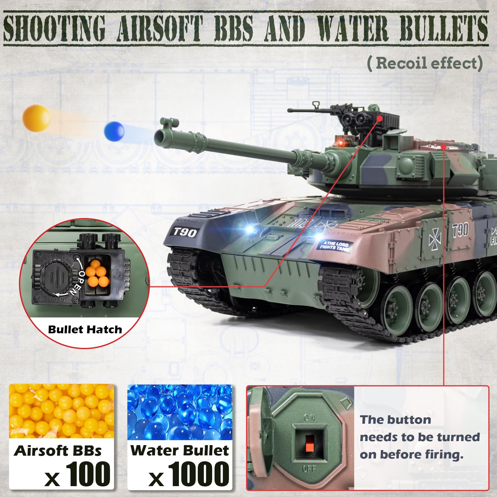 Supdex 1:18 RC Tank, 2.4Ghz RUS T-90 Remote Control Tank Model Toys, Battle Army with Smoke, Light Sound, Volume Switch, Military Toy for Adults and Kids That Shoots BBS, Water Bombs