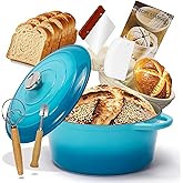 5QT Enameled Cast Iron Dutch Oven for Bread Baking with Lid, Sourdough Baking Supplies with Proofing Basket, Bread Making Tools Set, Heavy-Duty Cookware for Braising, Stews, Roasting (Teal)