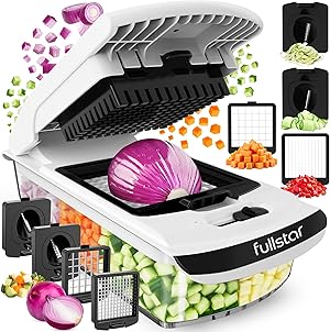 Fullstar Gemüseschneider und Spiralschneider - Zwiebelschneider Zerkleinerer - Gemüse Schneider Würfelschneider für Kartoffeln Gurken Früchte - Küchenzubehör und Küchengeräte (PRO 4-in-1, Weiß)