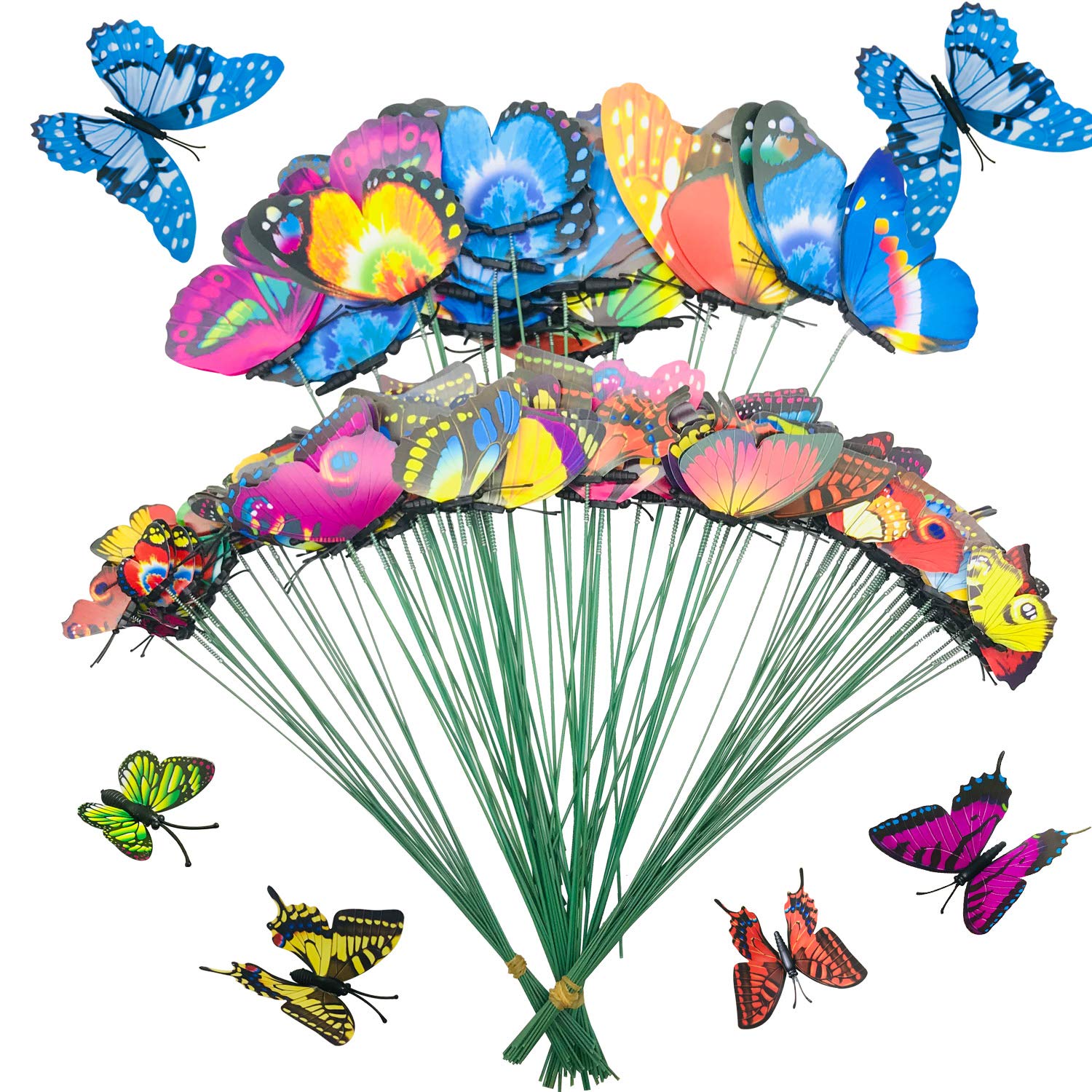 Allazone 100 PCS Butterfly Garden Stakes, 5 Size Colorful Butterflies on Sticks Garden Ornaments Indoor Outdoor Yard Garden Flower Pot Decoration, Miniature Fairy Garden Decoration