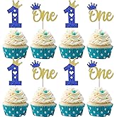 24 Pack First Birthday Cupcake Toppers Glitter One Crown Heart Cupcake Picks Baby Shower 1st Birthday Kids Cake Decorations Party Supplies Blue Gold