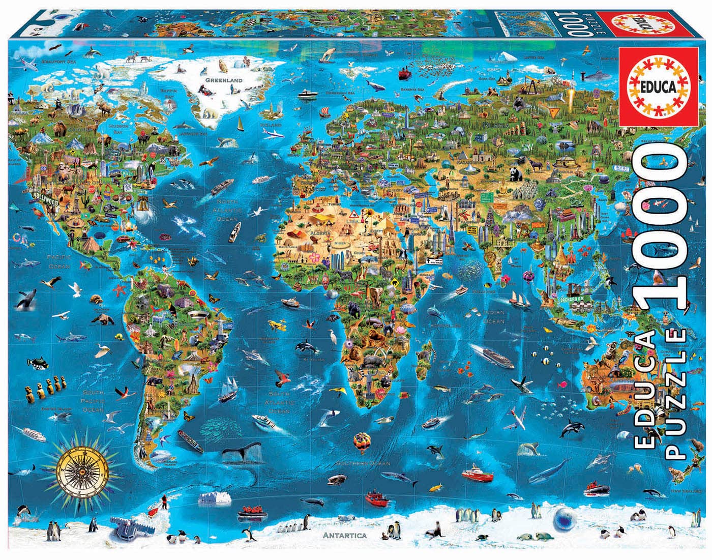 Educa 84126681902 19022 1000 Piece Puzzle for Adults and Children, Landmarks, World map, Standard Size