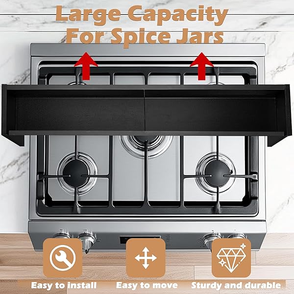 KORETECH OVER THE STOVE SHELF, WOOD STOVE TOP SHELF,31.5″ STOVE TOP ORGANIZER SHELVES WITH 6 HOOKS,11.5″ HEIGHT OVER STOVE SPICE RACK FOR KITCHEN, BLACK