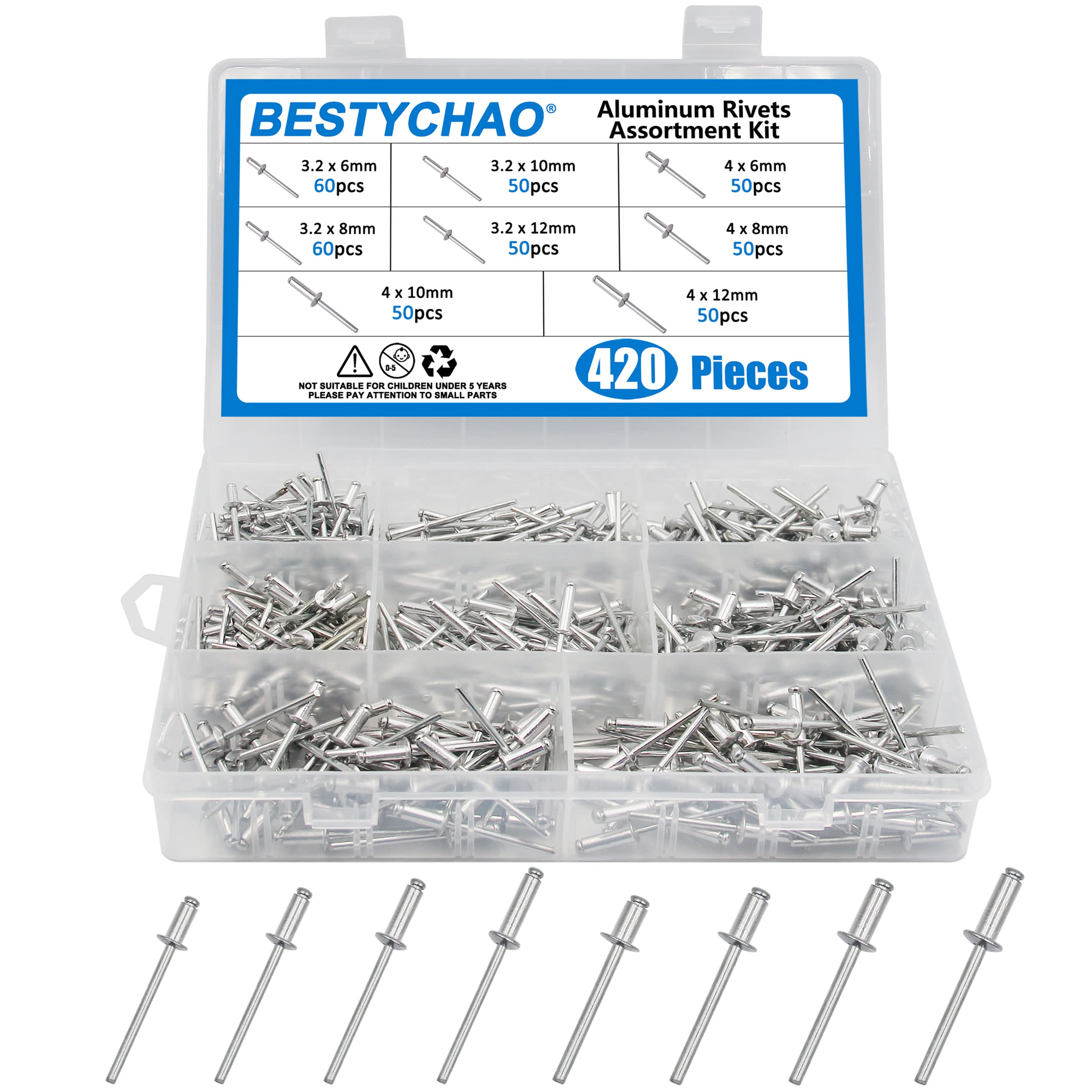 BESTYCHAO 420pcs 8 Sizes Aluminum Blind Rivets, 3.2mm 4mm Pop Rivets Assortment Kit (Silver) — image 1