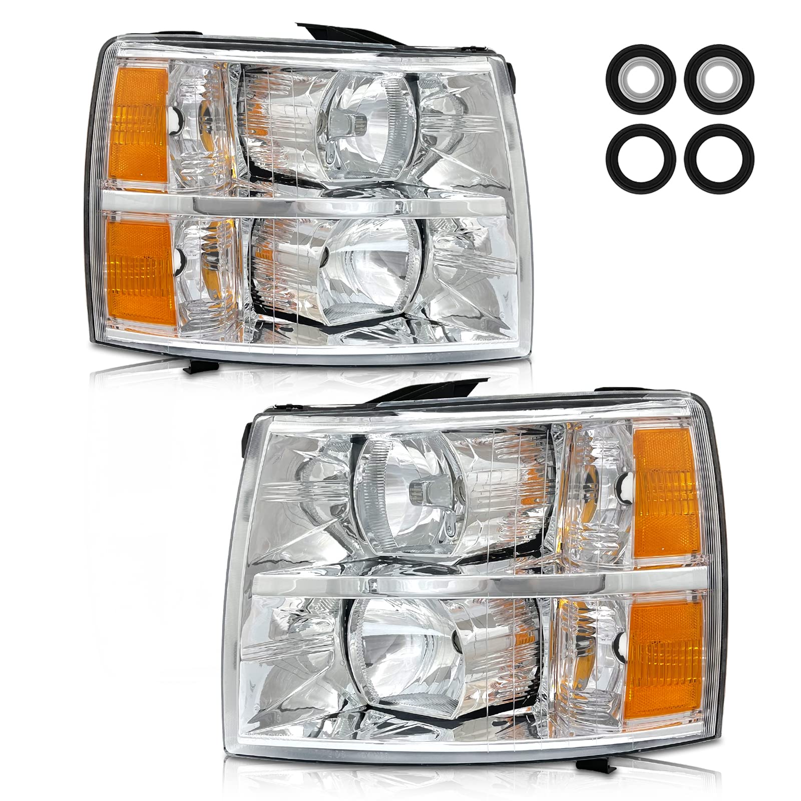 Photo 1 of AS Headlight Assembly for 2007-2013 Chevy Silverado 1500/2007 2008 2009 2010 2011 2012 2013 2014 Chevy Silverado 2500HD 3500HD Chrome Housing Amber Reflector Replacement Pair