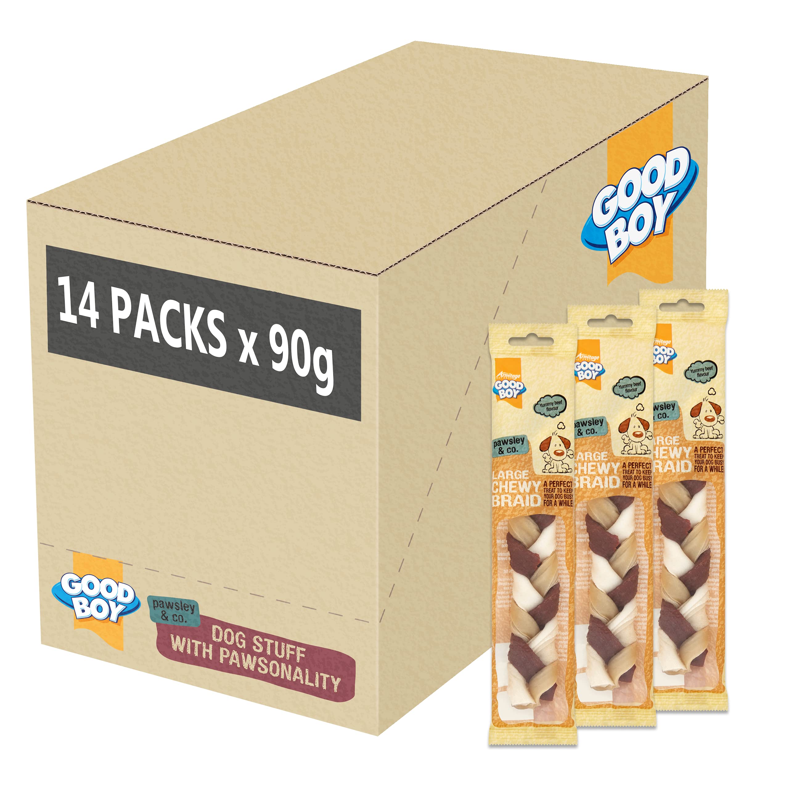 Good Boy - Large Chewy Braids - Dog Chews - Made With Beef Hide and Beef Flavouring - 90 Grams ℮ - With Probiotics To Aid Digestion - Case of 14