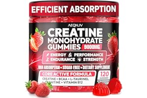 AEQNJV Creatine Gummies Monohydrate Complex 9000MG, Chewable Creatine Monohydrate Gummies for Men & Women with L-Taurine, BCAA 2:1, B12/6, Building Muscle Strength and Boost Focus, 30 Days Supply