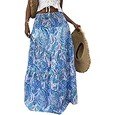 ZAFUL Women’s Summer Boho Maxi Skirts Bohemian Print Smocked High Wasited Flowy Tiered Ruffle Long Beach Skirt