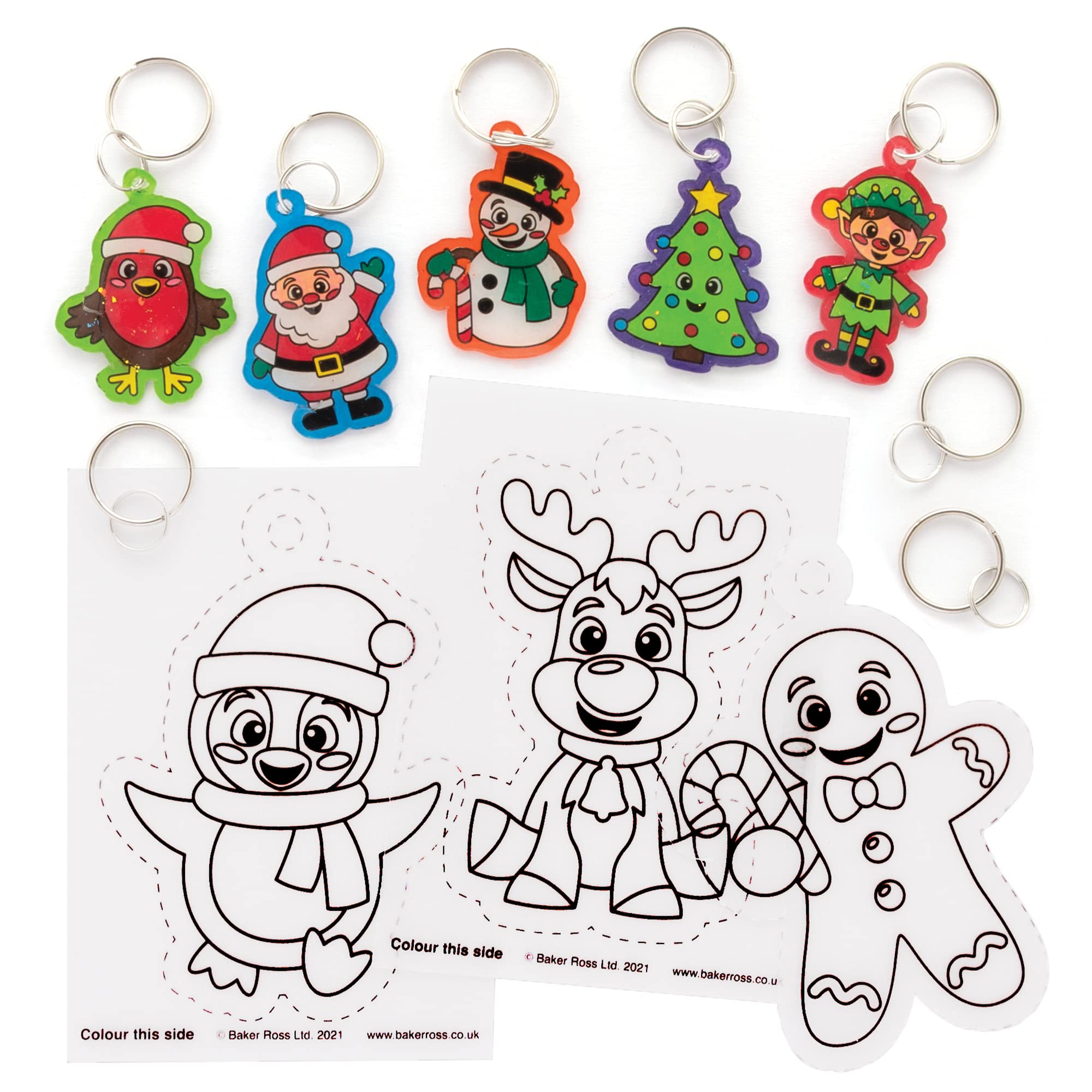 Baker Ross FE990 Christmas Super Shrink Keyrings - Pack of 8, Make Your Own Key Rings for Kids to Colour In, Make and Display