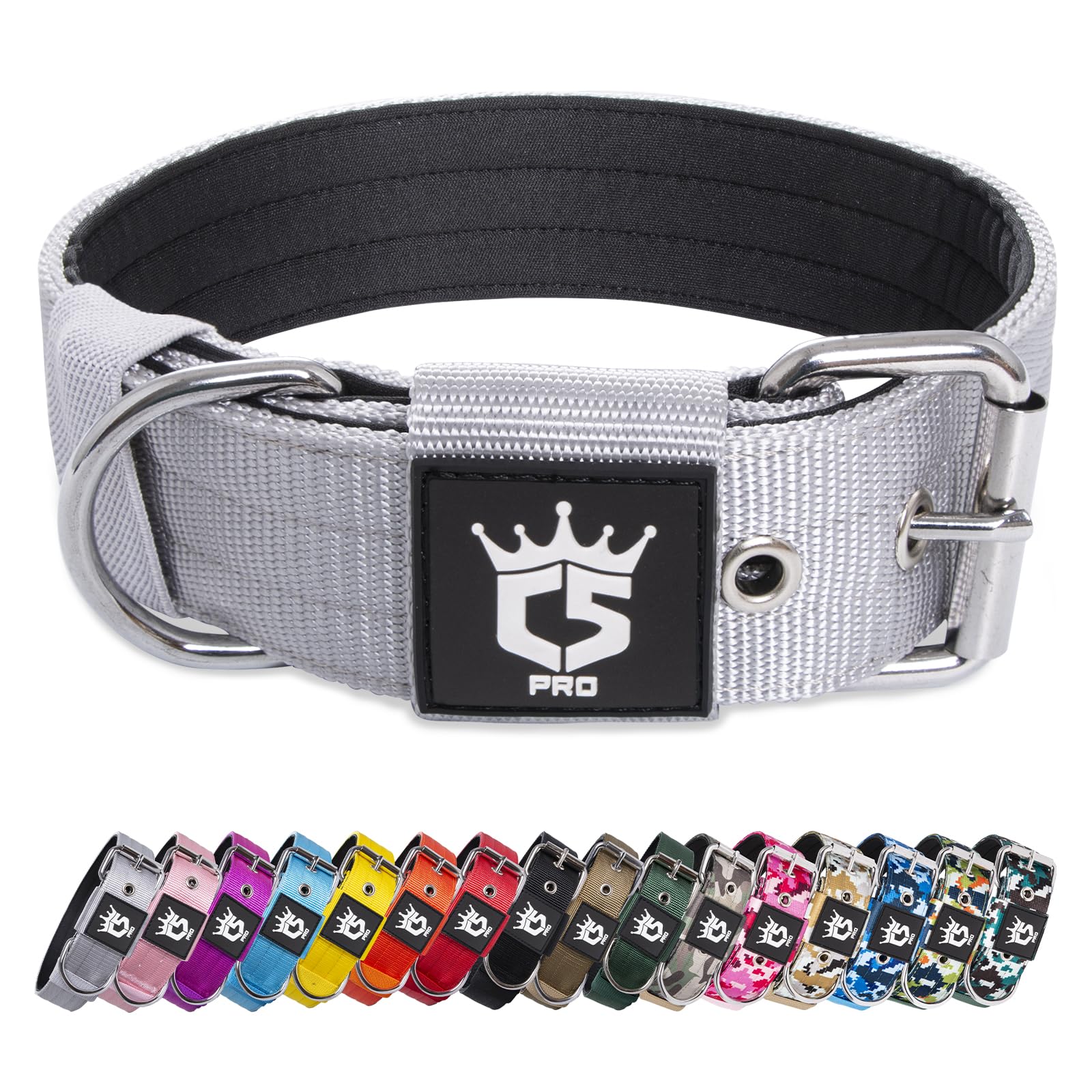 TSPRO Heavy Duty Tactical Dog Collar 1.5" Wide, Padded Dog Collar with Metal Buckle, Adjustable for Walking Training Outdoor for Medium Large Dogs (Silver, L) — image 1