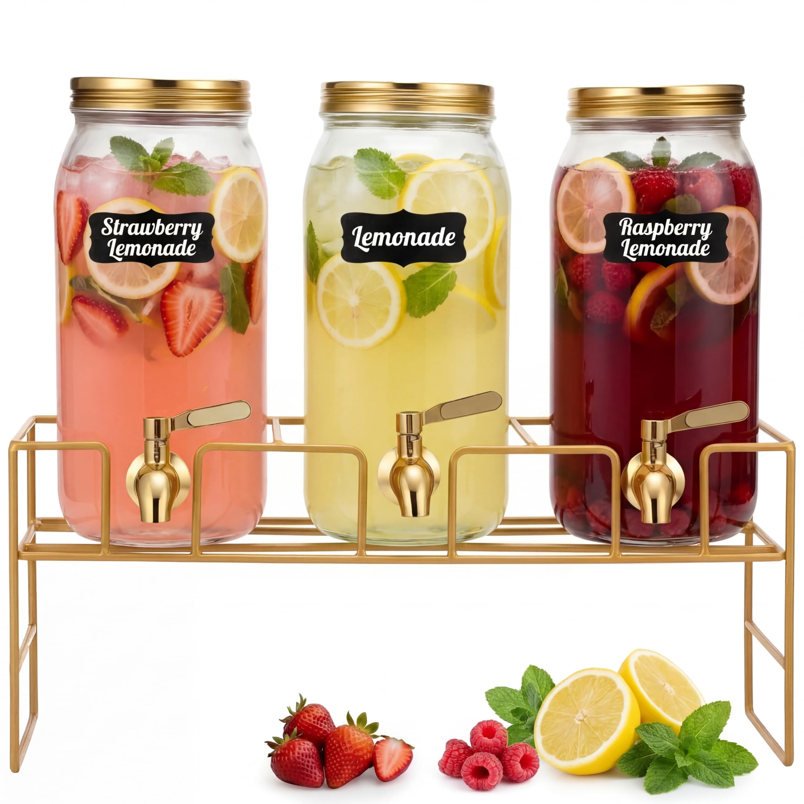 Photo 1 of RimCereal 3 Pack 80 oz Glass Beverage Dispenser with Stand Clear Mason Jar Water Dispenser for Party, Fridge Includes Leakproof Stainless Steel Spigot, Black Lid and Label (Gold)