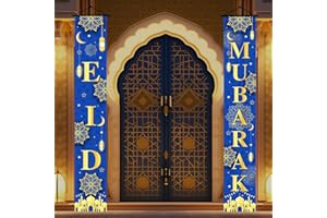 GERMISHUYS Eid Mubarak Banner Decorations, Eid Decorations for Home Front Door, 2 In 1 Ramadan Eid Mubarak Banner Door Sign Eid Mubarak Door Banner for Indoor Outdoor(Blue)