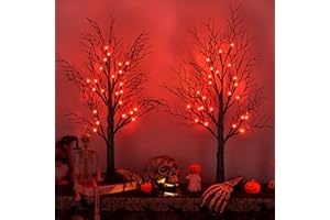 ENVOTEK Halloween Decorations Indoor 2 Pack 24 Inch Black Halloween Tree with 48 Orange Red Led Lights, Timer/USB/Battery Operated Lighted Tabletop Spooky Tree for Halloween Table Decor Home Office Party