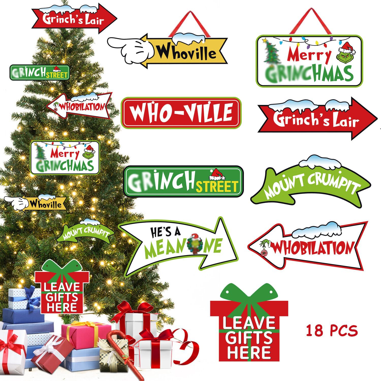 Photo 1 of 18pcs Grinchs Ornaments for Christmas Tree, Grinchs Tree Decor, Whoville Christmas Decorations Paper Hanging Ornaments for Winter Xmas Party Favor Supplies