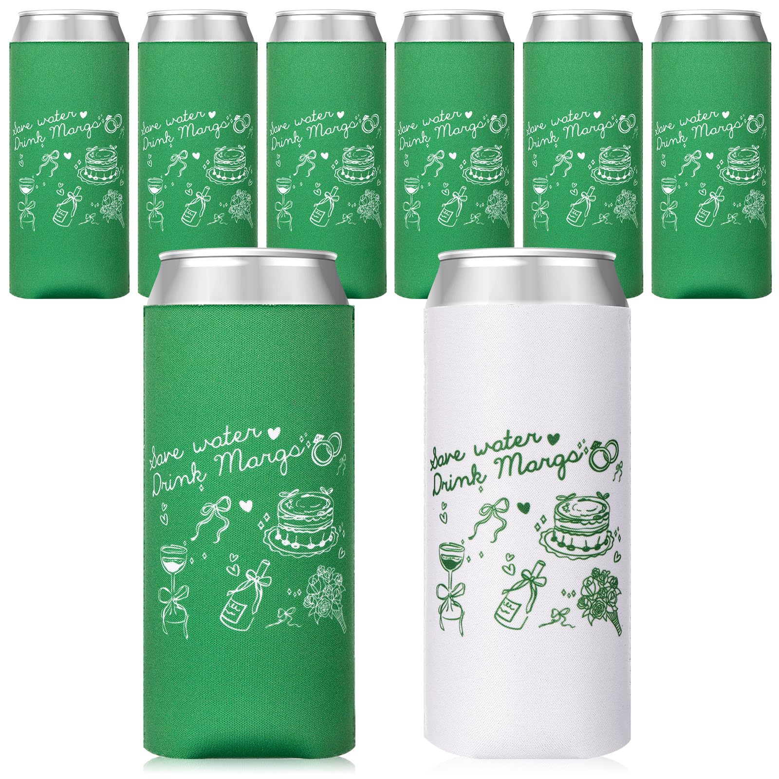 Photo 1 of LemonRoad 8 Pcs Bachelorette Party Can Sleeves 5.5" x 3.5" Slim Can Cooler Sleeves Bulk for Beach Bachelorette Party Decoration Accessories Bride Bridesmaid Gifts(White,Green,Margs and Matrimony)