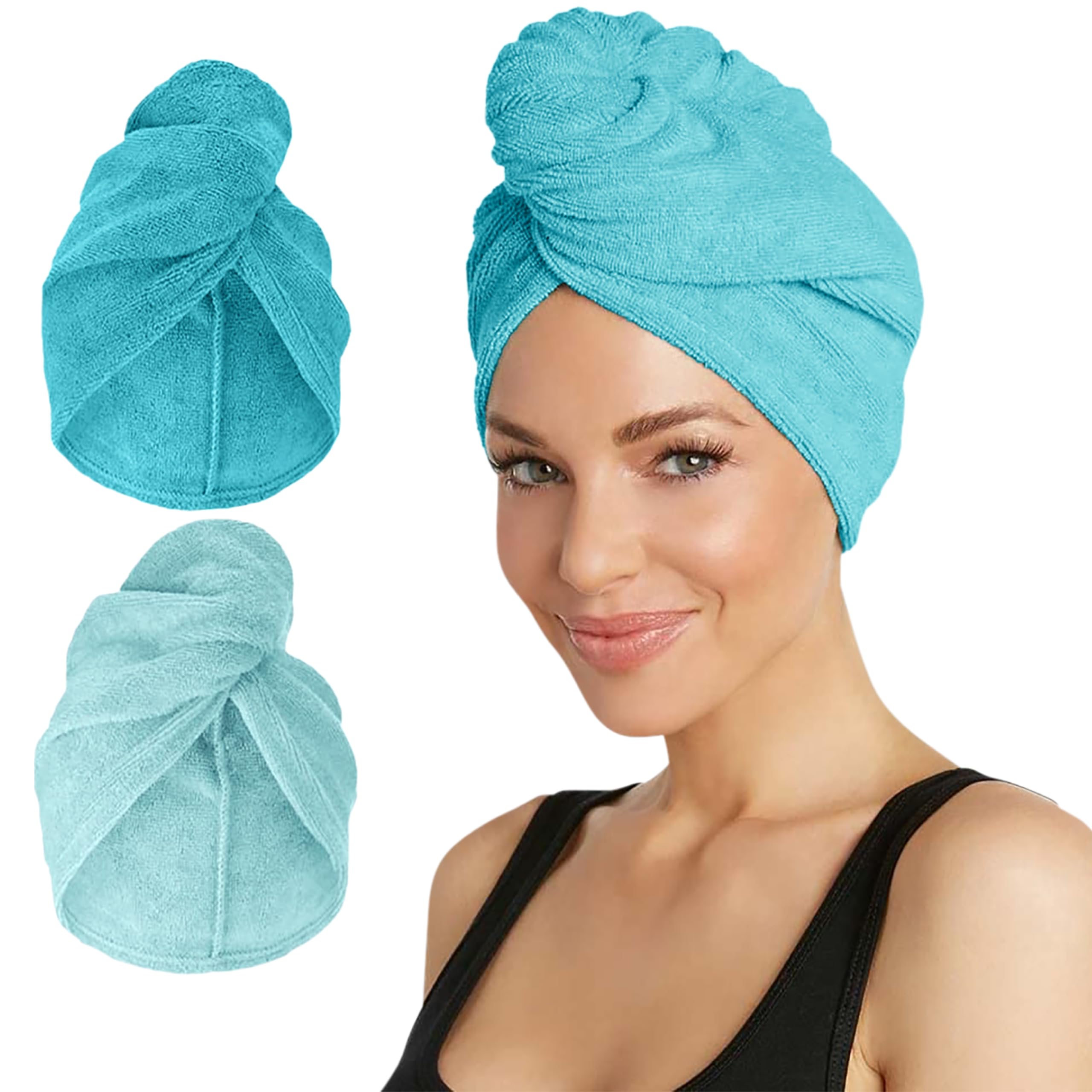 Turbie Twist 2-Pack Microfiber Hair Towel for Beauty, Travel, Gifting - Hair Wrap Turban for Straight, Wavy & Curly Hair - Premium Personal Care - Dark Aqua & Light Aqua