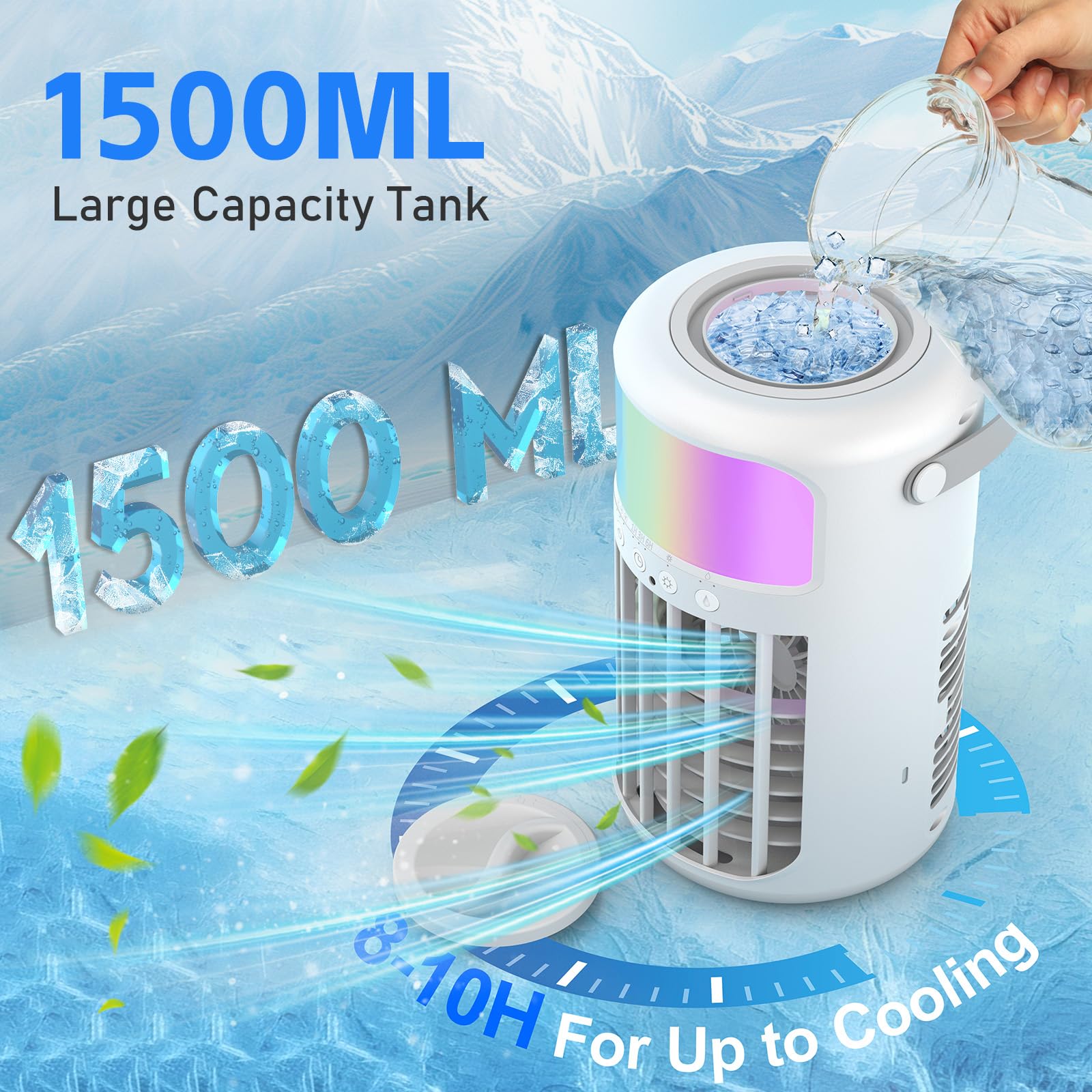 Portable Air Conditioner, 2025 Upgraded 4-IN-1 Ultra-Quiet Design Portable AC Unit with 2 Cool Mist & Speeds1500ml Remote Control Air Conditioner Evaporative for Home,Office,Bedroom, Camping