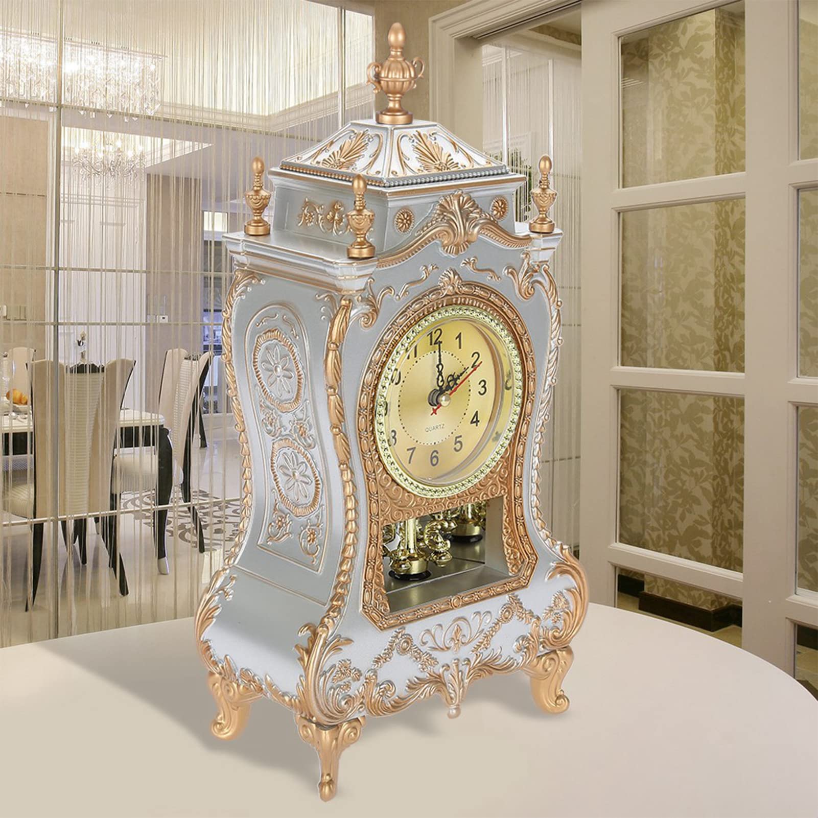 Vintage Clock, Exquisite Vintage Desk Clock Antique Home Hotel Decorative Table Clock with 12 Songs (White)