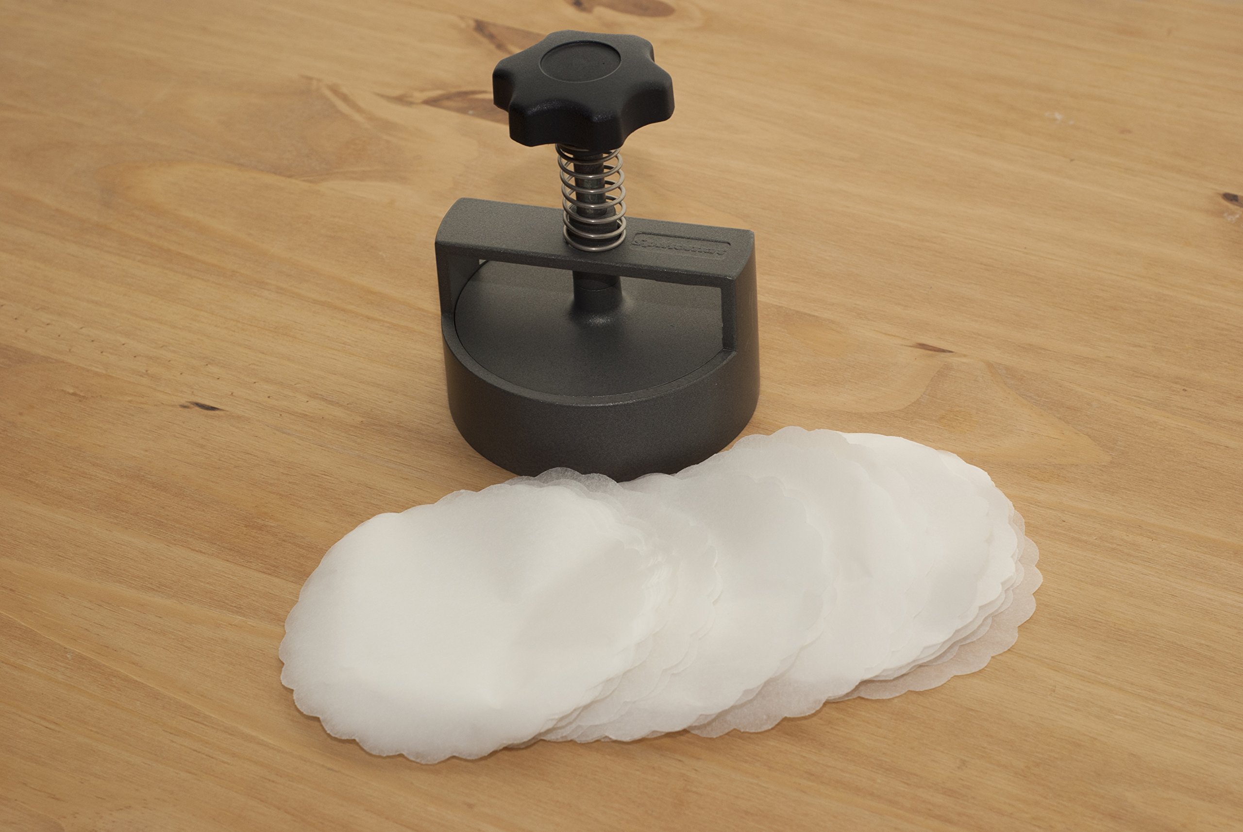 Butchers Heavy Duty Press 5" 120mm + 500 Burger Cellophane Plastic Non-Stick Discs + Angus Burger Mix