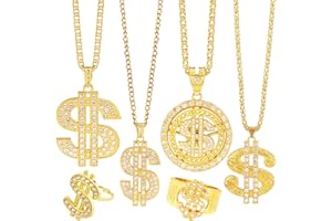 Riuziyi 6 Pack Fake Gold-Colored Dollar Sign Chain Necklace Ring for 80s 90s Hip Hop Costumes Outfit, Rapper Jewelry for Men Women
