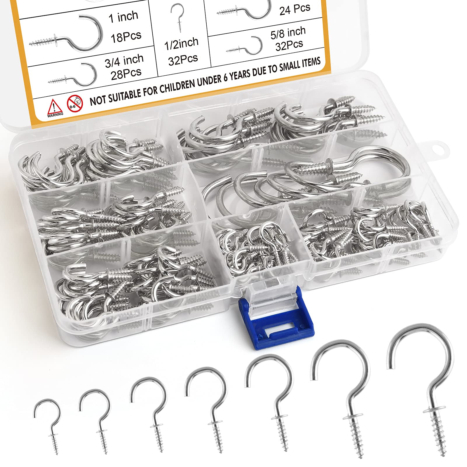 FEPITO 160 Pieces Screw Hooks Ceiling Hooks Silver Multi-Size Nickel Plated Metal Screwable Cup Hooks,7 Sizes